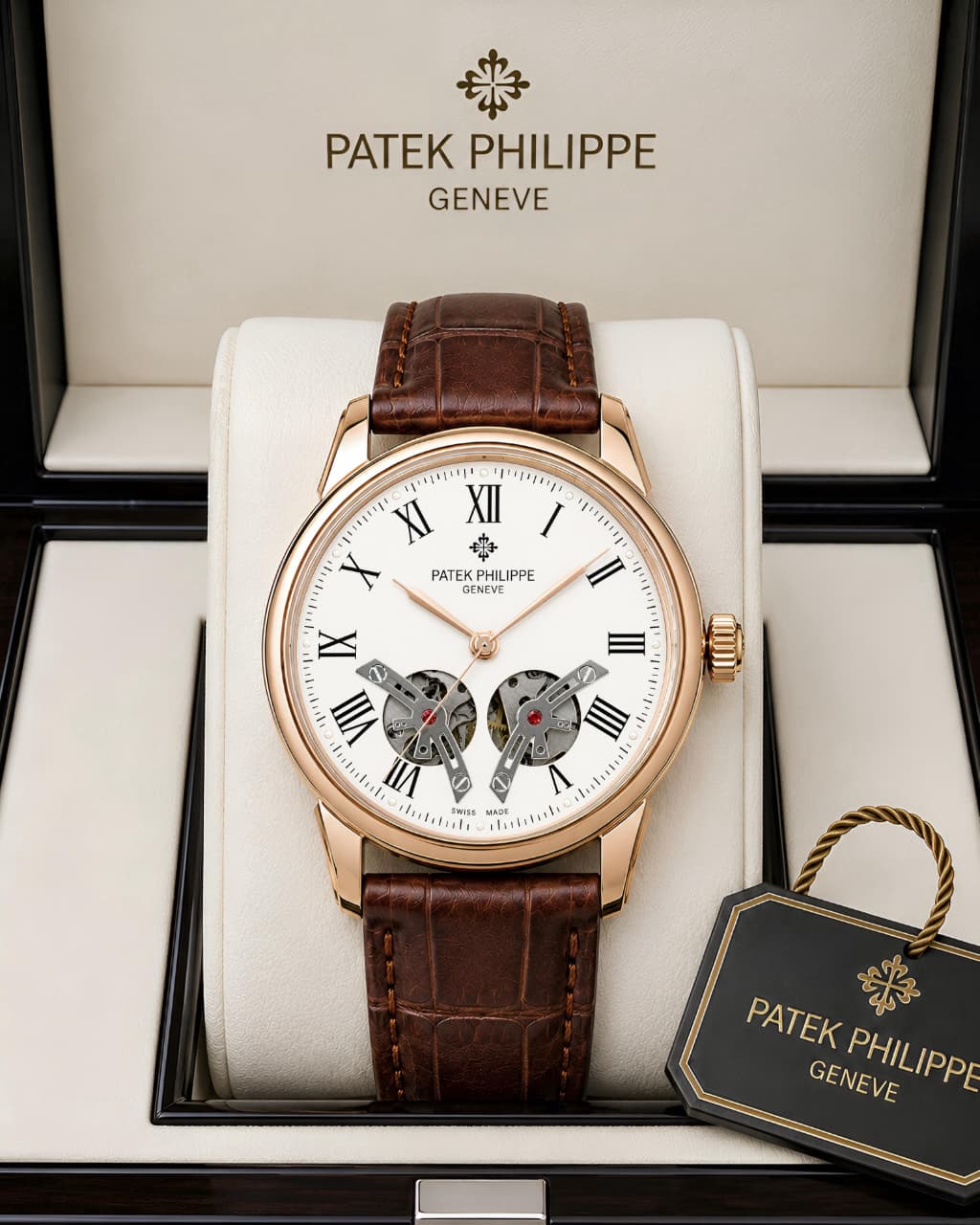 Patek Philippe Open Heart Classic – White Roman Dial Brown Leather Strap