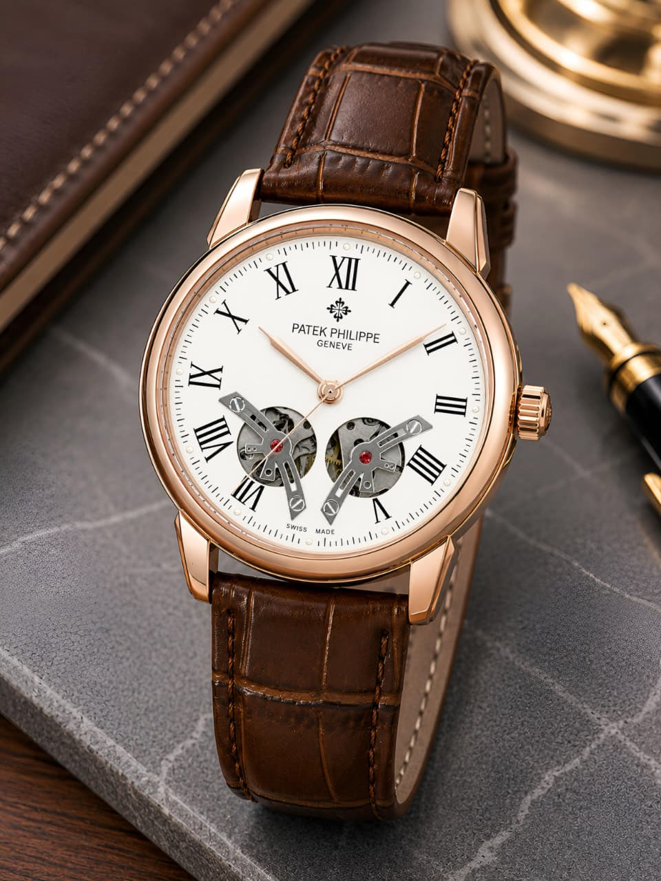 Patek Philippe Open Heart Classic – White Roman Dial Brown Leather Strap