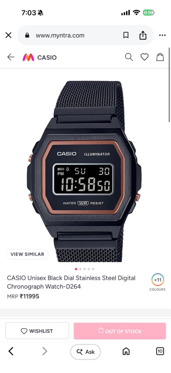 Casio Unisex Black Dial Stainless Steel Digital Watch